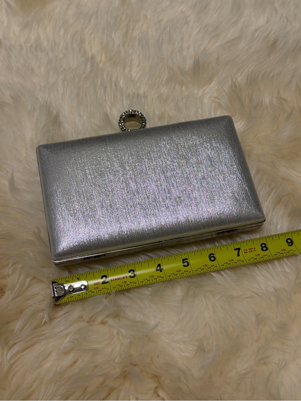 Silver Metallic Evening Clutch with Crystal Ring Closure